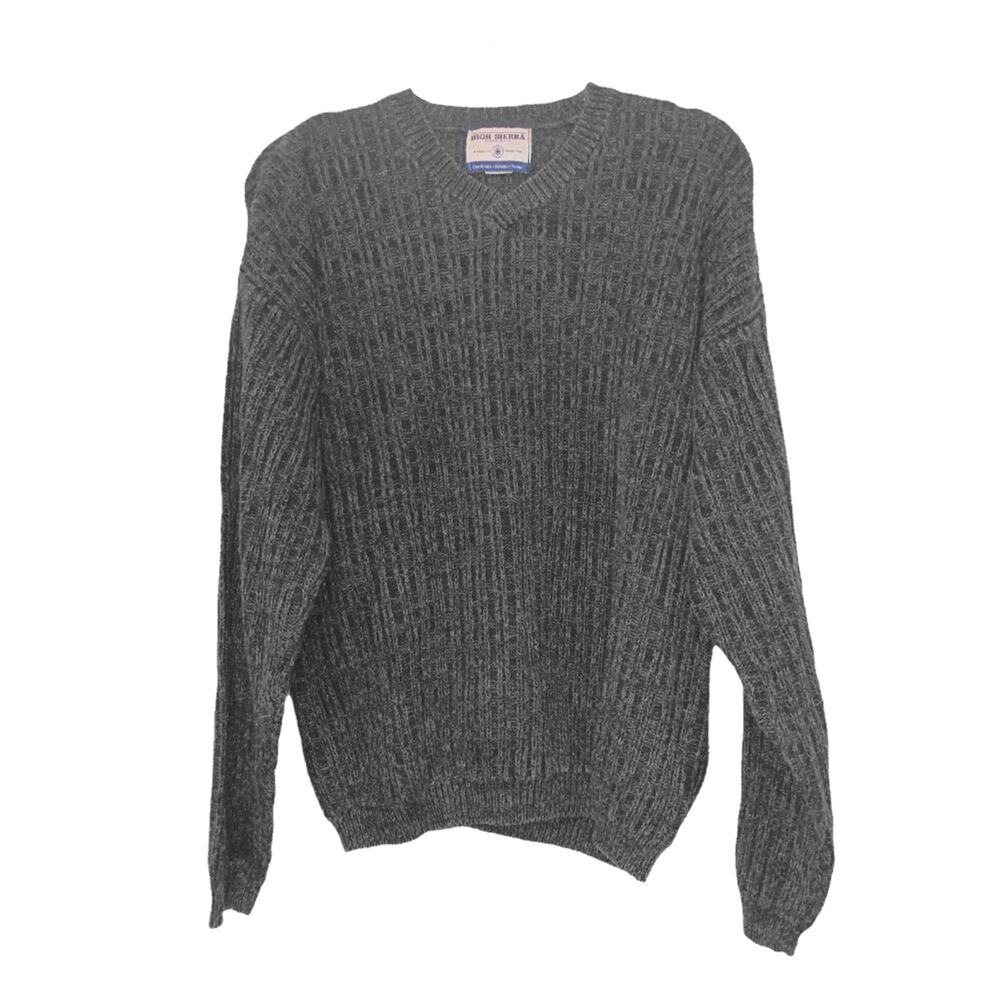 VTG High Sierra Mens Gray V-Neck Ramie Cotton Sweater Size L Normcore Cabincore